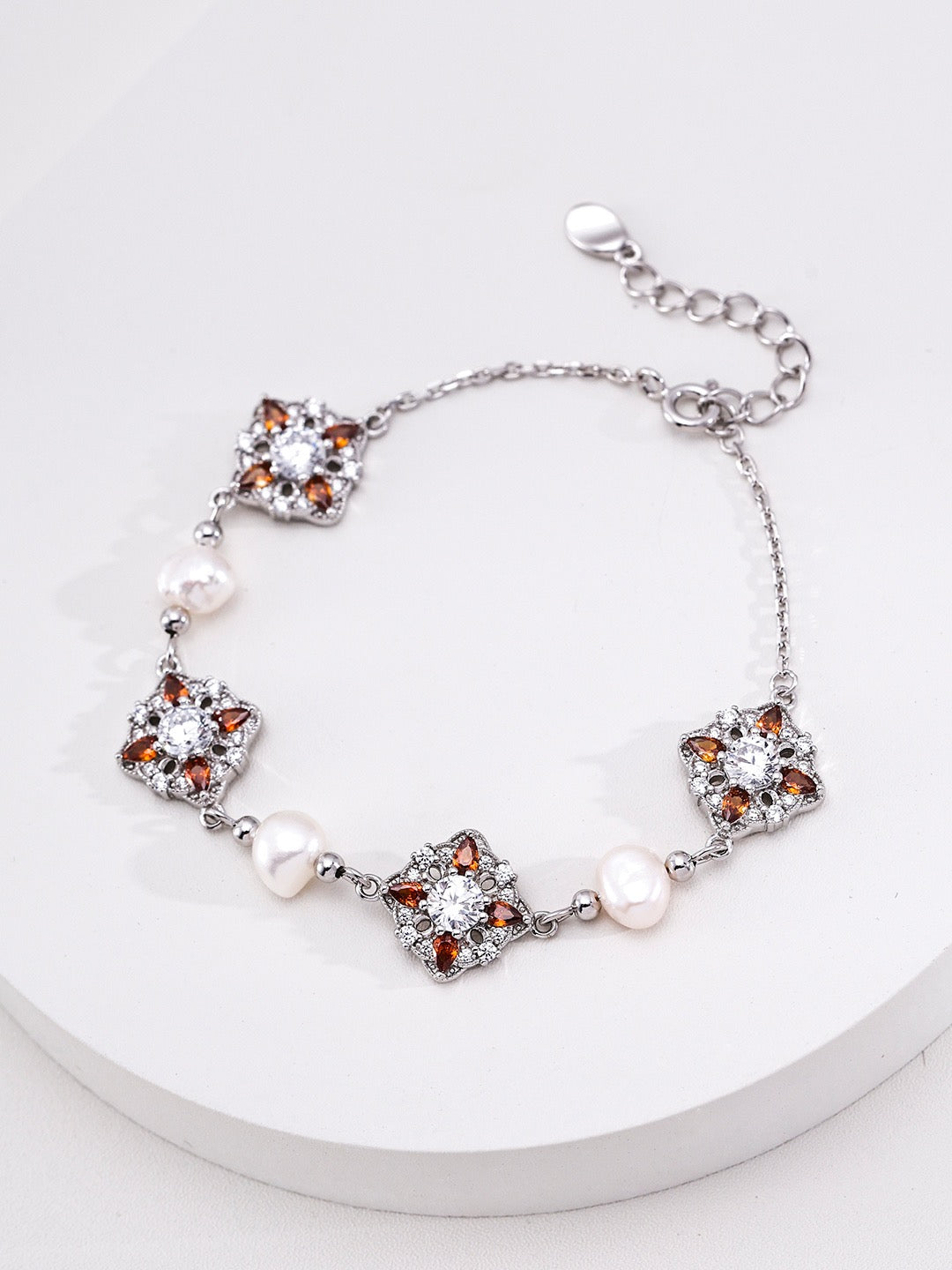 Vintage Treasure Flower Bracelet with Garnet CZ & Pearls