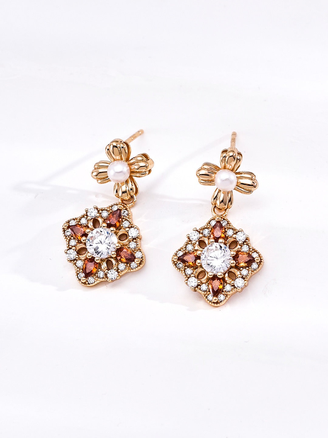 Vintage Treasure Flower Cluster Earrings with Garnet Zircon & Pearls