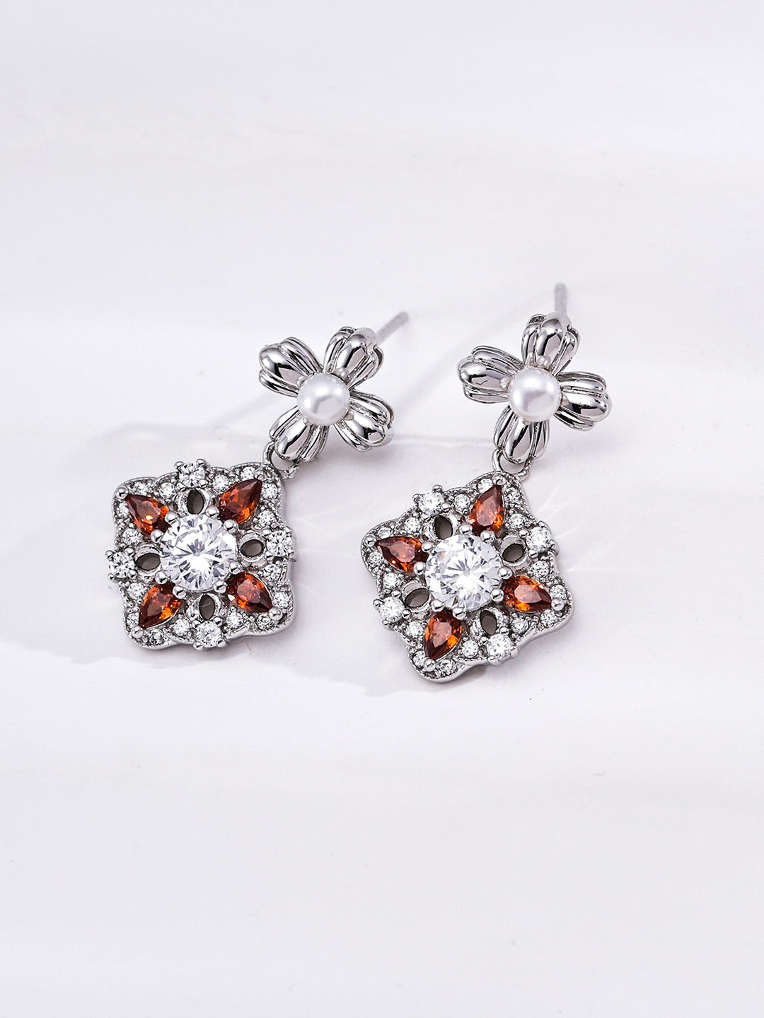 Vintage Treasure Flower Cluster Earrings with Garnet Zircon & Pearls