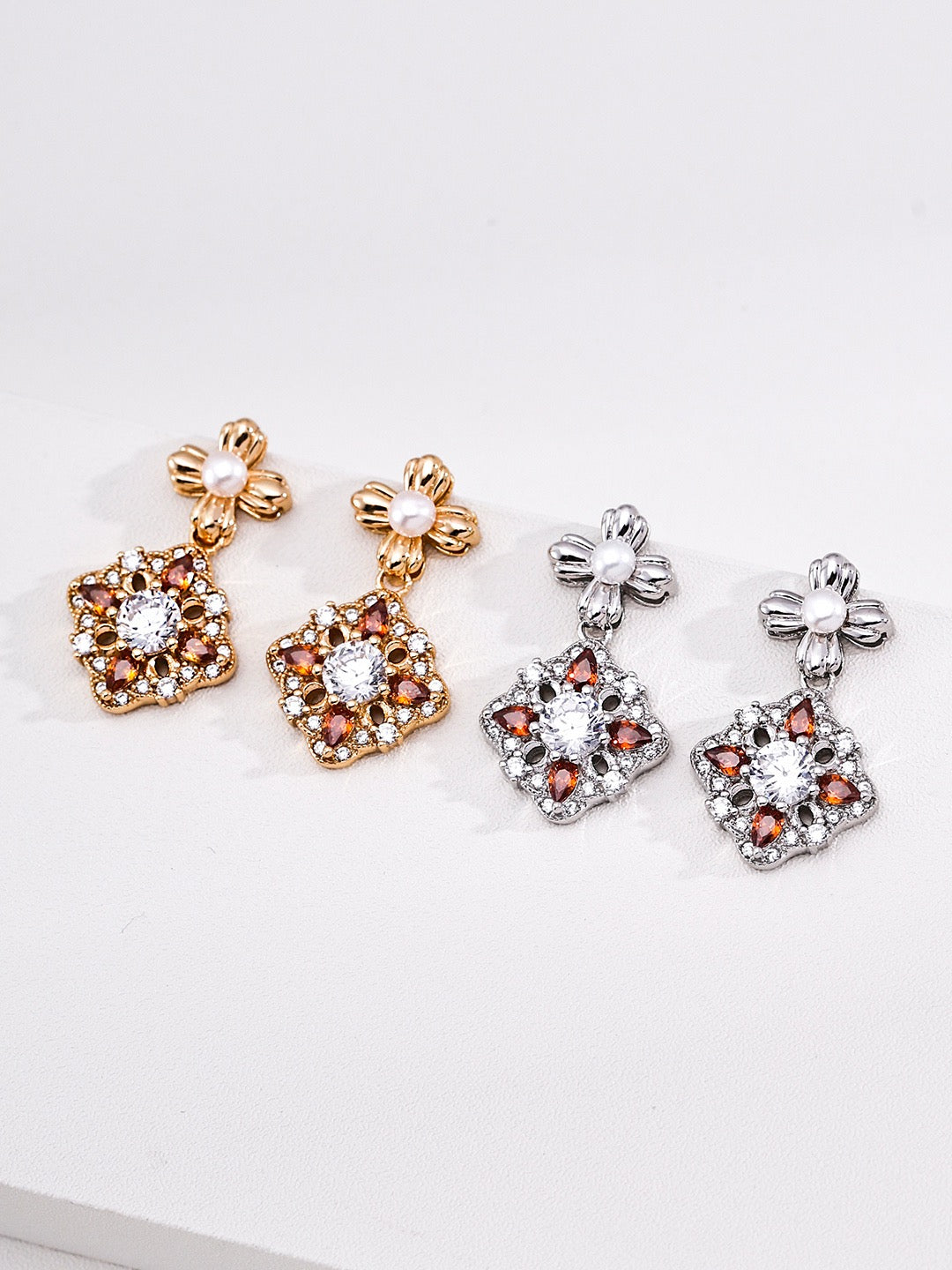 Vintage Treasure Flower Cluster Earrings with Garnet Zircon & Pearls