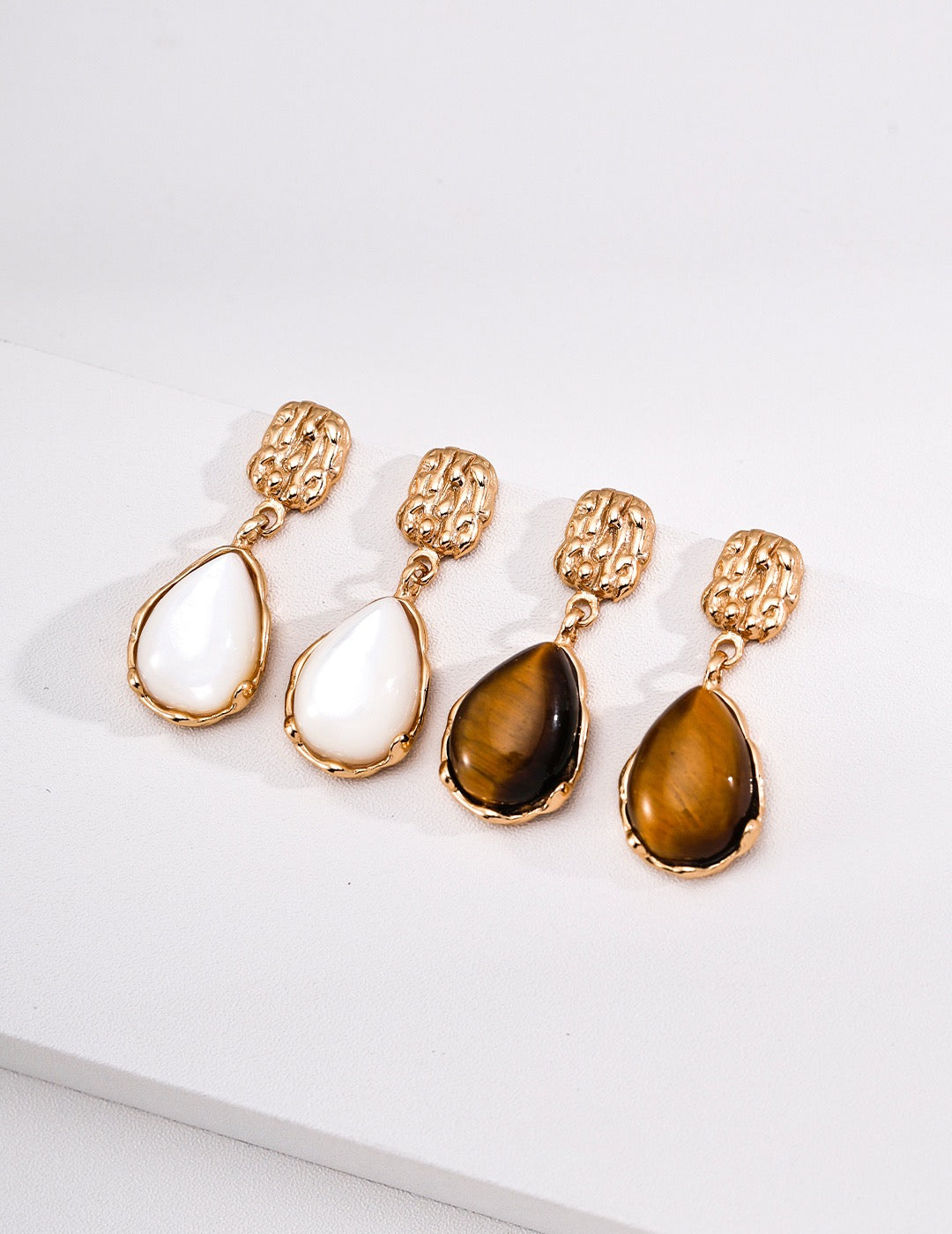 Hand-Carved Earrings with Mother of Pearl & Tiger's Eye Stones