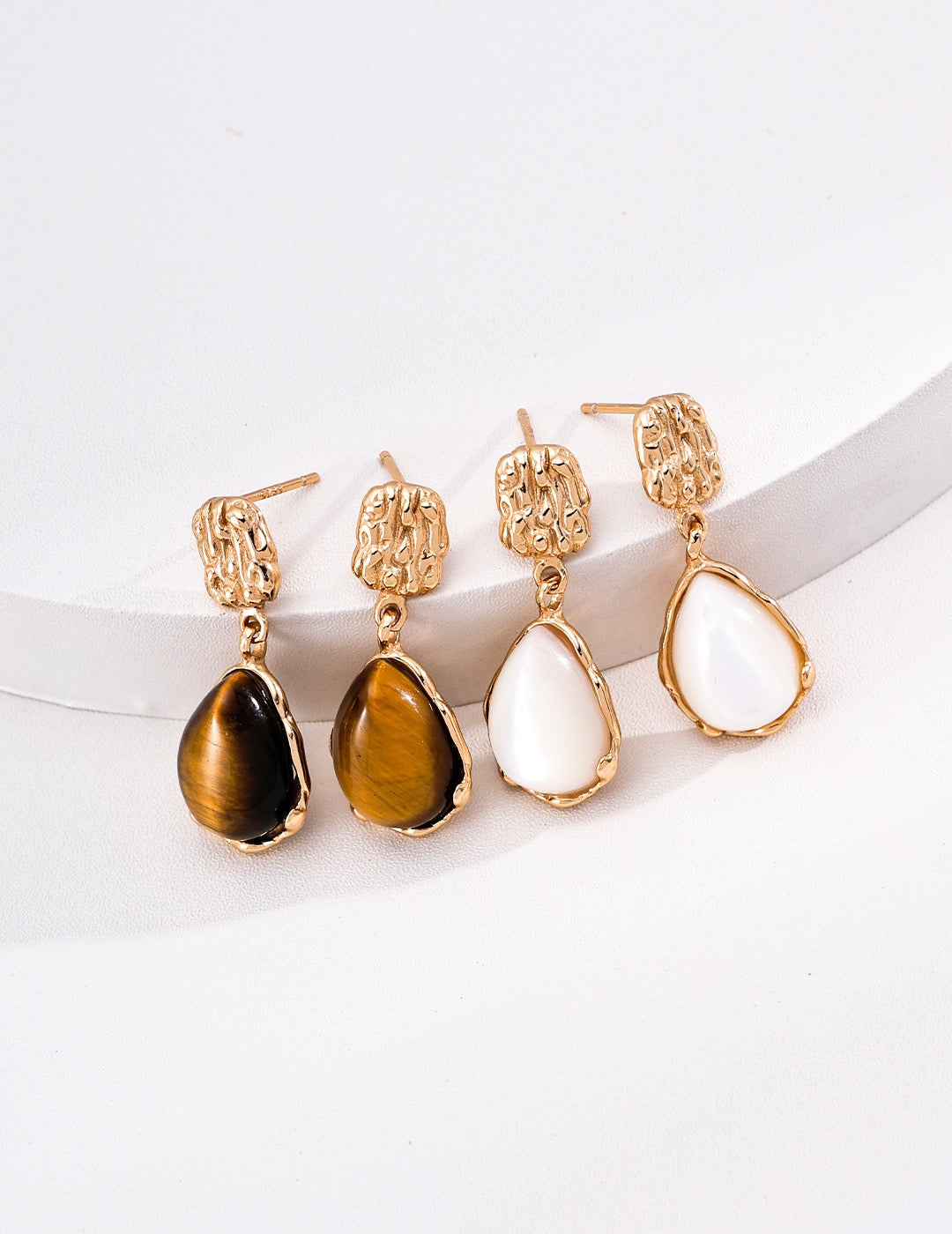Hand-Carved Earrings with Mother of Pearl & Tiger's Eye Stones