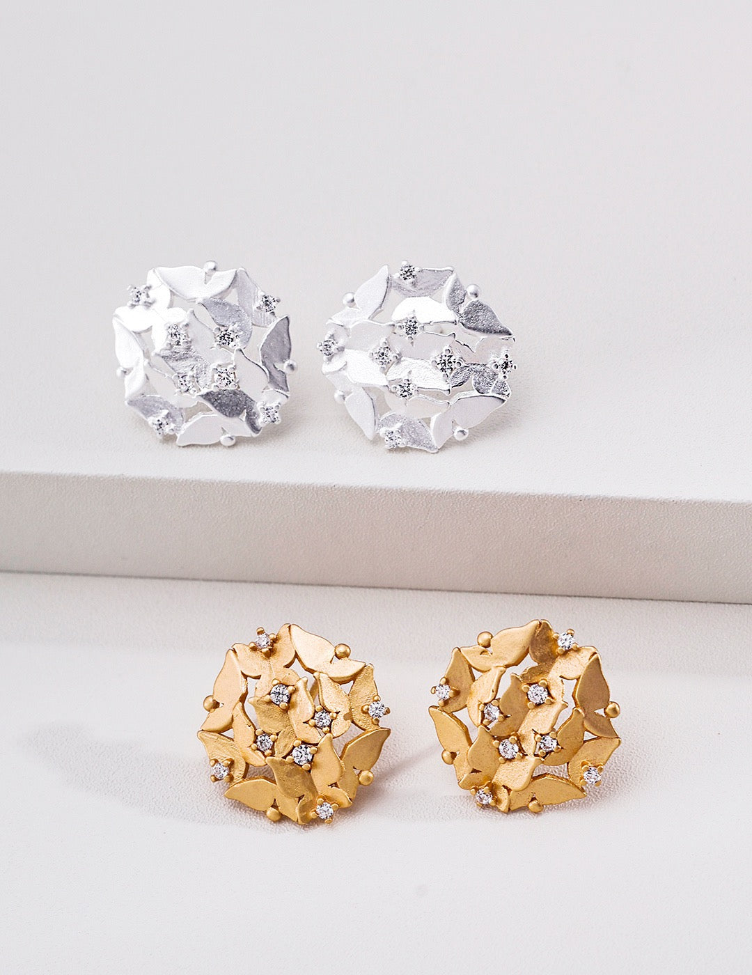 S925 Sterling Silver Butterfly Stud Earrings, Cubic Zirconia Flower Cluster Earrings, Vintage Gold & Platinum Plated