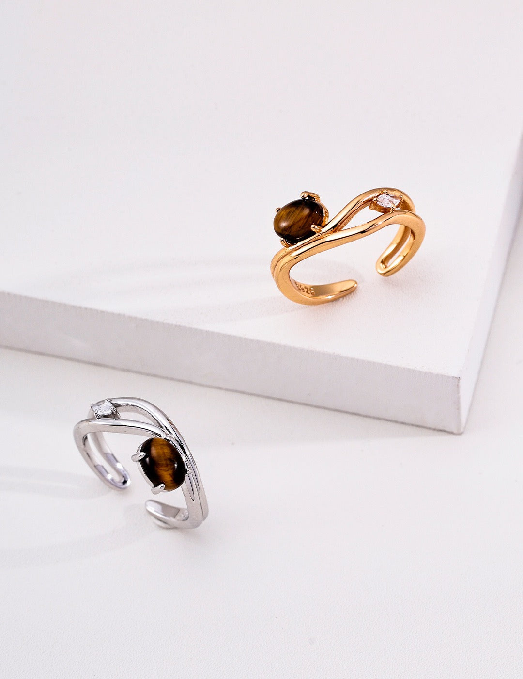 S925 Sterling Silver Twisted Open Ring, Natural Gemstone Adjustable Ring