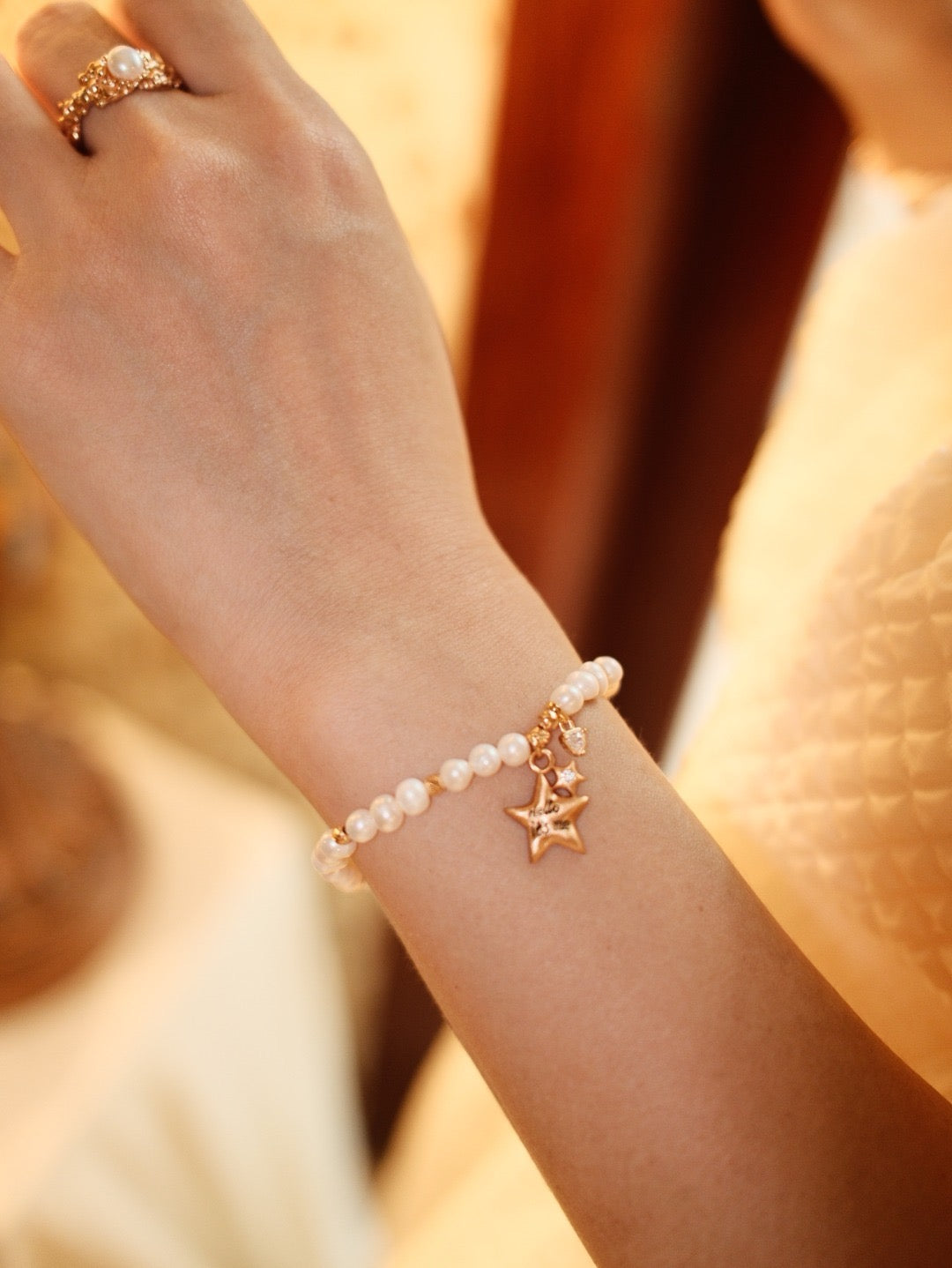 Star of My Beloved 
S925 Sterling Silver Natural Pearl Star Charm Bracelet, Vintage Gold‑Tone