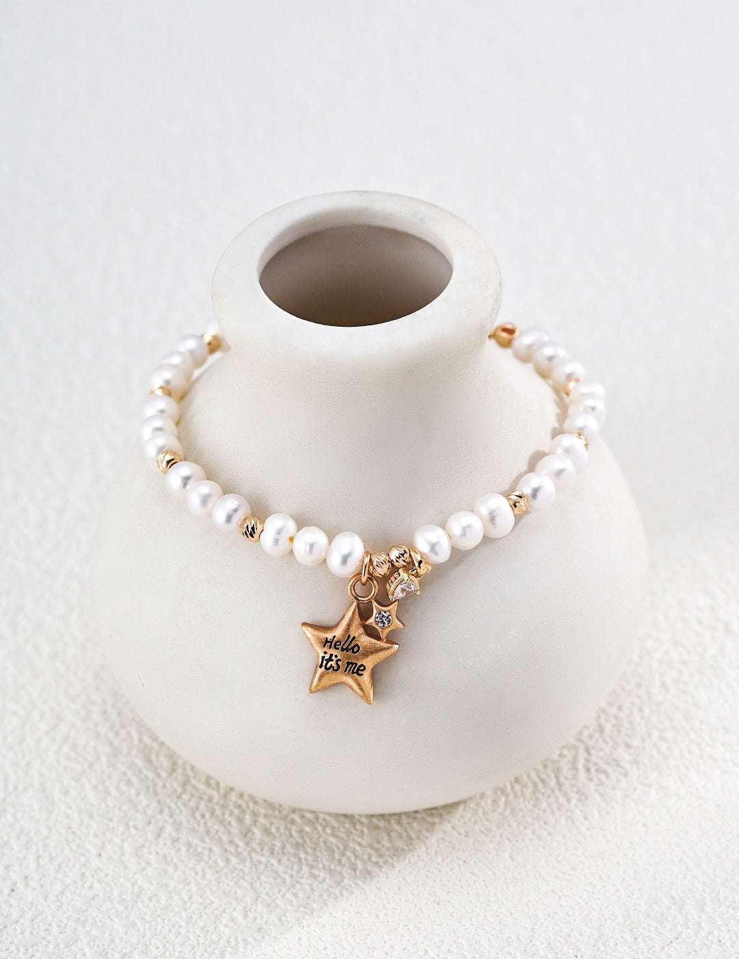 Star of My Beloved 
S925 Sterling Silver Natural Pearl Star Charm Bracelet, Vintage Gold‑Tone