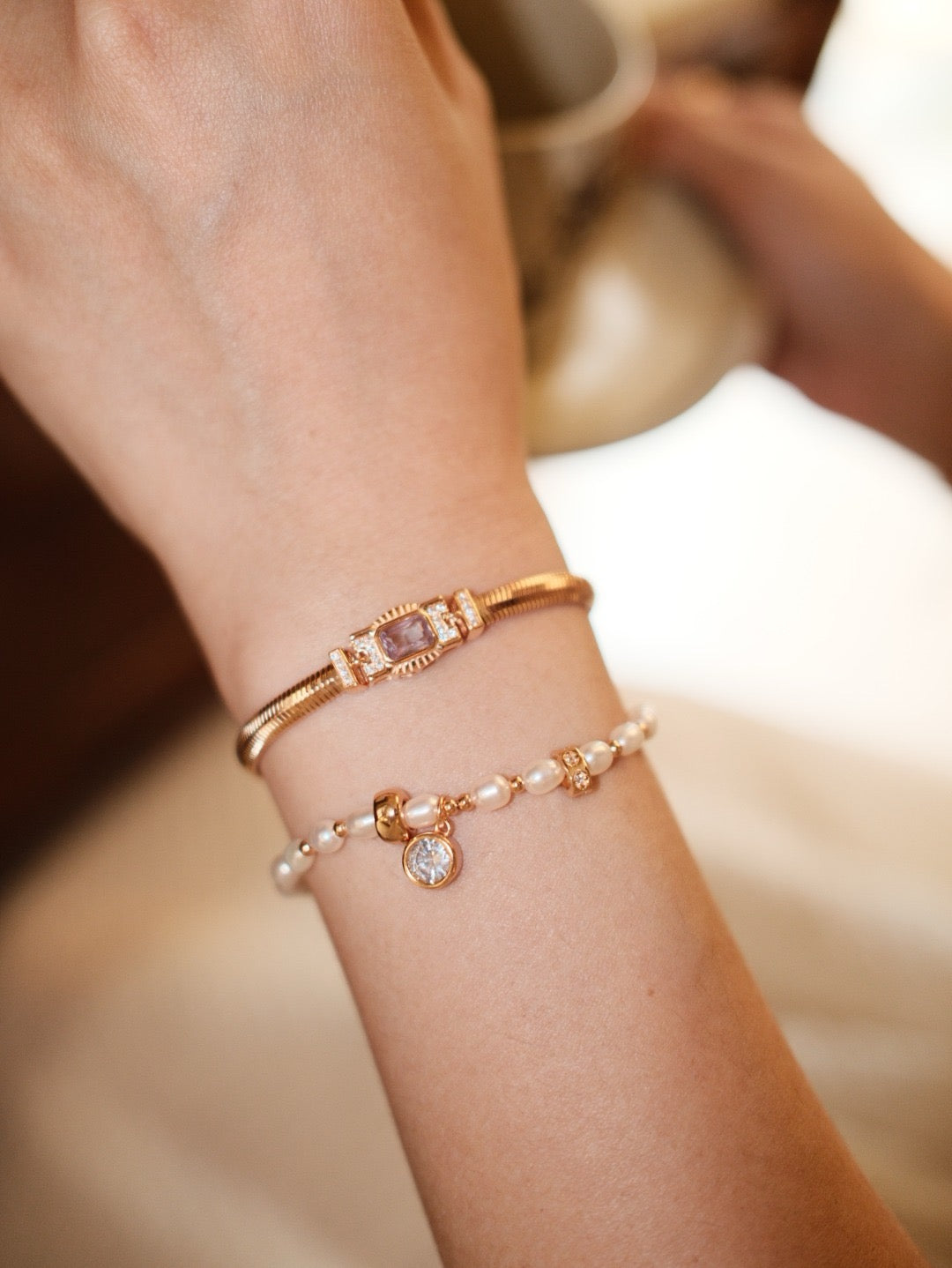 Dainty Pearl S925 Silver Beaded Bracelet | Vintage Gold‑Tone Zircon Charm