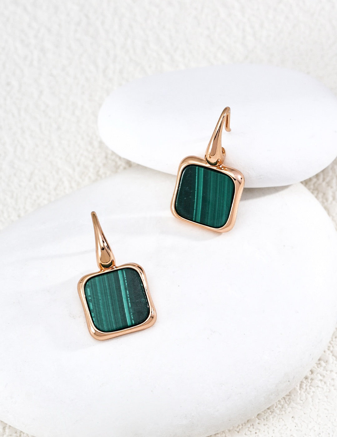 Malachite Earrings. Designed with minimalist setting for malachite. The intricate natural veins of malachite glow brilliantly within the sleek mounting