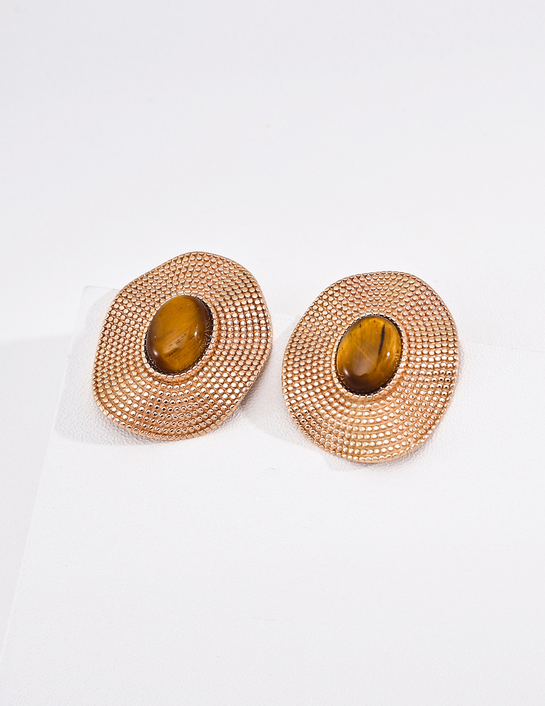 Vintage Beaded Tiger's Eye & Mother-of-Pearl Earrings with Straw Hat Textured Detailing